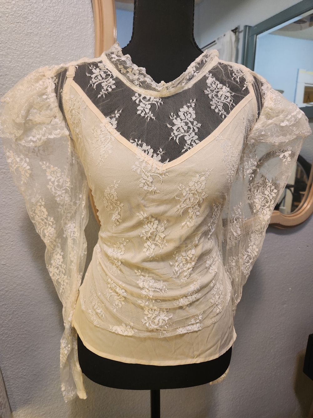 NWT-ASOS Ivory Lace Long-Sleeve Sheer Yoke Top
